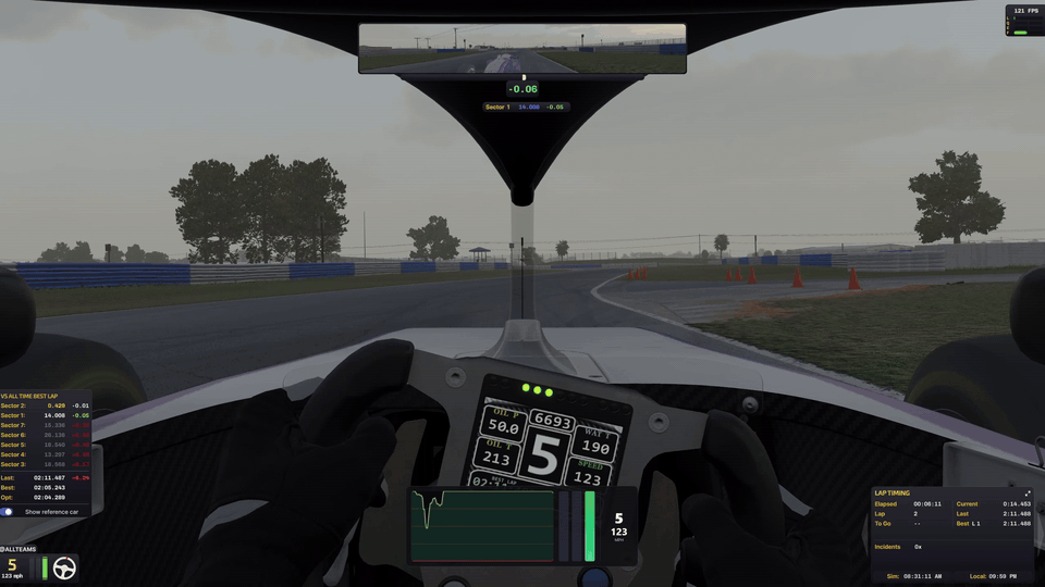 RacePulse live inputs telemetry overlay running on top of iRacing at Sebring International Raceway showing throttle, brake, and steering traces