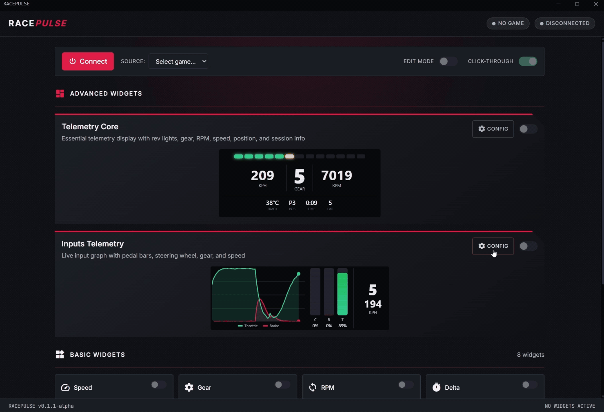 RacePulse per-widget customization panel with unit toggles, display options, opacity controls, and live preview
